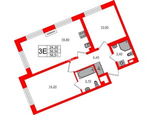 Квартира в ЖК «Пулково Lake», 2 комнатная, 56.5 м², 4 этаж