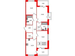 Квартира в ЖК «Литера», 3 комнатная, 84.2 м², 7 этаж