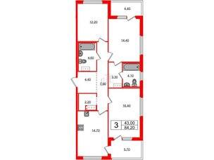 Квартира в ЖК «Литера», 3 комнатная, 84.2 м², 9 этаж