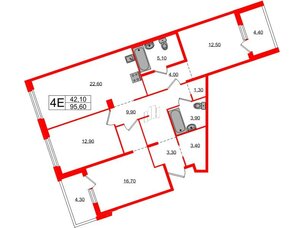 Квартира в ЖК «Литера», 3 комнатная, 95.6 м², 3 этаж