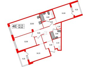 Квартира в ЖК «Литера», 3 комнатная, 94.6 м², 5 этаж