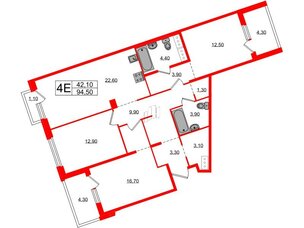 Квартира в ЖК «Литера», 3 комнатная, 94.5 м², 6 этаж