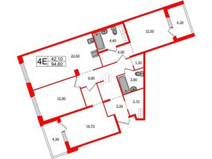 Квартира в ЖК «Литера», 3 комнатная, 94.6 м², 7 этаж