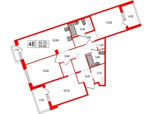 Квартира в ЖК «Литера», 3 комнатная, 94.6 м², 8 этаж