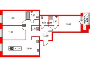 Квартира в ЖК Шкиперский, 19, 3 комнатная, 81.2 м², 12 этаж