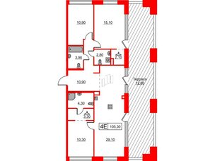 Квартира в ЖК Шкиперский, 19, 3 комнатная, 105.3 м², 8 этаж