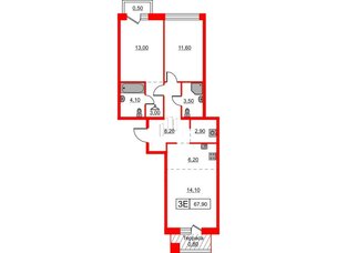 Квартира в ЖК Шкиперский, 19, 2 комнатная, 67.9 м², 12 этаж