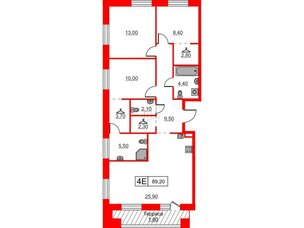 Квартира в ЖК Шкиперский, 19, 3 комнатная, 89.2 м², 12 этаж