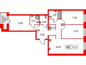 Квартира в ЖК Шкиперский, 19, 3 комнатная, 81.2 м², 12 этаж