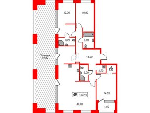 Квартира в ЖК Шкиперский, 19, 3 комнатная, 120.1 м², 8 этаж