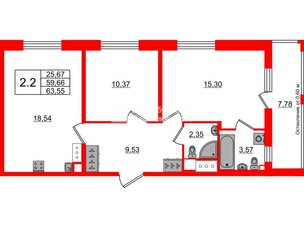 Квартира в ЖК «Город звёзд», 2 комнатная, 59.66 м², 3 этаж