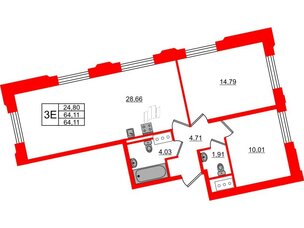 Квартира в ЖК Цивилизация на Неве, 2 комнатная, 64.11 м², 3 этаж