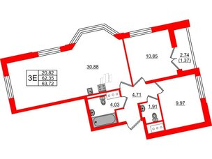 Квартира в ЖК Цивилизация на Неве, 2 комнатная, 63.72 м², 6 этаж