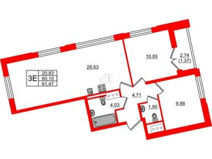 Квартира в ЖК Цивилизация на Неве, 2 комнатная, 61.47 м², 12 этаж