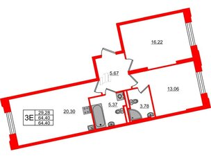 Квартира в ЖК Цивилизация на Неве, 2 комнатная, 64.4 м², 2 этаж