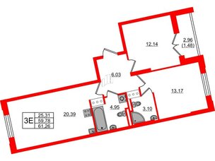 Квартира в ЖК Цивилизация на Неве, 2 комнатная, 61.26 м², 10 этаж