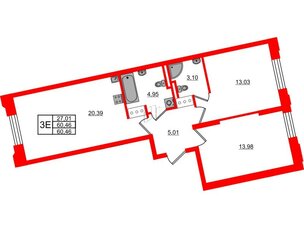 Квартира в ЖК Цивилизация на Неве, 2 комнатная, 60.46 м², 3 этаж