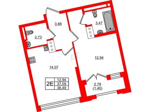 Квартира в ЖК Цивилизация на Неве, 1 комнатная, 38.49 м², 15 этаж