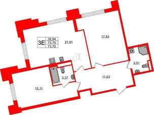 Квартира в ЖК Цивилизация на Неве, 2 комнатная, 73.75 м², 2 этаж