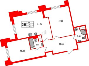 Квартира в ЖК Цивилизация на Неве, 2 комнатная, 73.13 м², 3 этаж