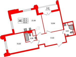 Квартира в ЖК Цивилизация на Неве, 2 комнатная, 69.93 м², 6 этаж