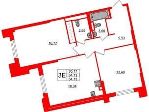 Квартира в ЖК Цивилизация на Неве, 2 комнатная, 63.13 м², 3 этаж