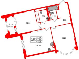 Квартира в ЖК Цивилизация на Неве, 2 комнатная, 63.28 м², 6 этаж