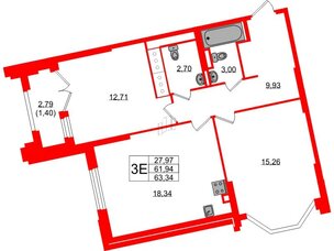 Квартира в ЖК Цивилизация на Неве, 2 комнатная, 63.34 м², 7 этаж