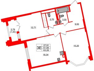 Квартира в ЖК Цивилизация на Неве, 2 комнатная, 63.28 м², 8 этаж