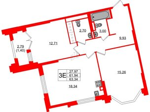 Квартира в ЖК Цивилизация на Неве, 2 комнатная, 63.34 м², 15 этаж