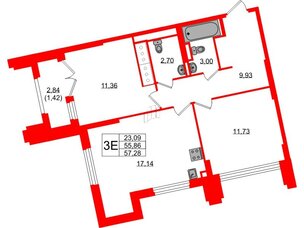 Квартира в ЖК Цивилизация на Неве, 2 комнатная, 57.28 м², 21 этаж