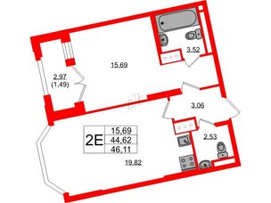 Квартира в ЖК Цивилизация на Неве, 1 комнатная, 46.11 м², 6 этаж