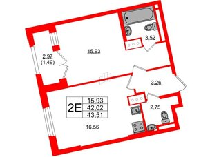 Квартира в ЖК Цивилизация на Неве, 1 комнатная, 43.51 м², 6 этаж