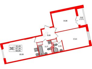 Квартира в ЖК Цивилизация на Неве, 2 комнатная, 68.85 м², 6 этаж