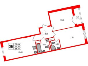 Квартира в ЖК Цивилизация на Неве, 2 комнатная, 68.85 м², 12 этаж