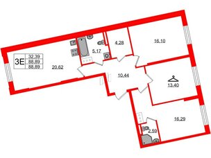 Квартира в ЖК Цивилизация на Неве, 3 комнатная, 88.89 м², 3 этаж