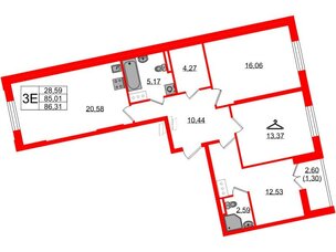 Квартира в ЖК Цивилизация на Неве, 3 комнатная, 86.31 м², 6 этаж