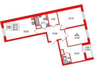 Квартира в ЖК Цивилизация на Неве, 3 комнатная, 86.43 м², 10 этаж