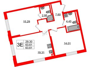 Квартира в ЖК Цивилизация на Неве, 2 комнатная, 63.61 м², 2 этаж