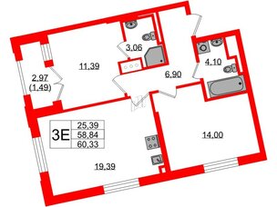 Квартира в ЖК Цивилизация на Неве, 2 комнатная, 60.33 м², 6 этаж