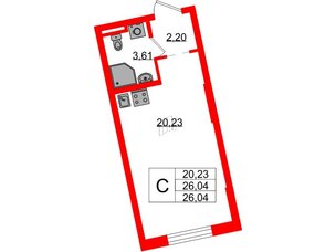 Квартира в ЖК Цивилизация на Неве, студия, 26.04 м², 2 этаж