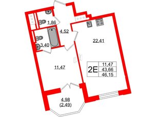 Квартира в ЖК Цивилизация на Неве, 1 комнатная, 46.15 м², 6 этаж