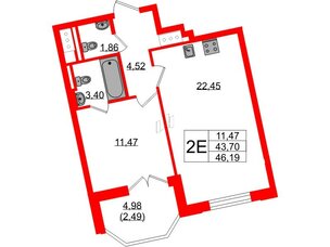 Квартира в ЖК Цивилизация на Неве, 1 комнатная, 46.19 м², 7 этаж