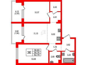 Квартира в ЖК «ЛесART», 2 комнатная, 62.78 м², 3 этаж