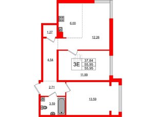 Квартира в ЖК «ЛесART», 2 комнатная, 55.95 м², 1 этаж