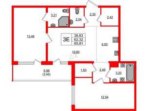 Квартира в ЖК «ЛесART», 2 комнатная, 65.81 м², 3 этаж