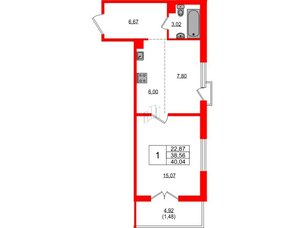 Квартира в ЖК «ЛесART», 1 комнатная, 40.04 м², 3 этаж