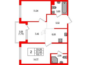 Квартира в ЖК «ЛесART», 2 комнатная, 53.11 м², 3 этаж