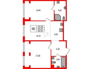 Квартира в ЖК «ЛесART», 2 комнатная, 63.57 м², 1 этаж