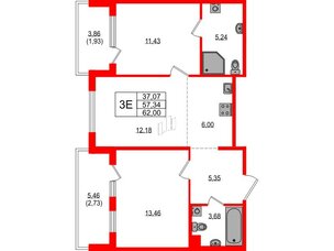 Квартира в ЖК «ЛесART», 2 комнатная, 62 м², 3 этаж